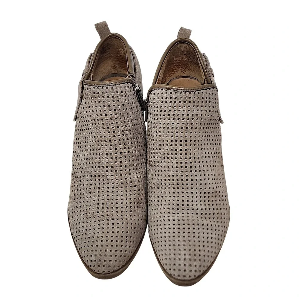 Franco Sarto Ankle Booties 7.5M Women Taupe Perforated Leather Dale 2 Block Heel